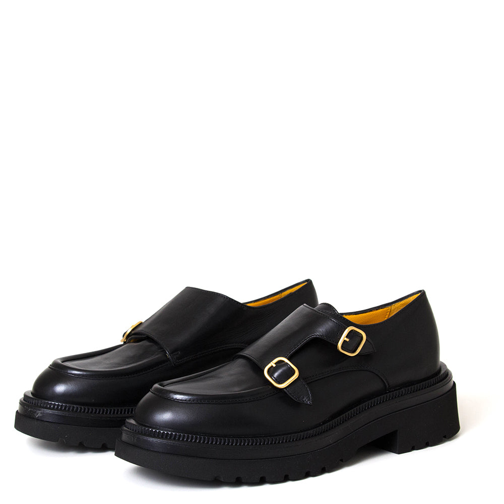 Mara Bini Hester T219. Women's 1¾" heel monk strap black leather shoe.