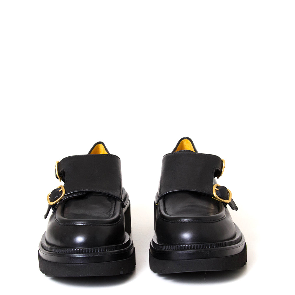 Mara Bini Hester T219. Women's 1¾" heel monk strap black leather shoe.