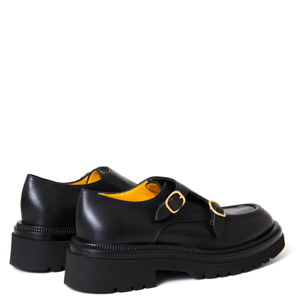 Mara Bini Hester T219. Women's 1¾" heel monk strap black leather shoe.
