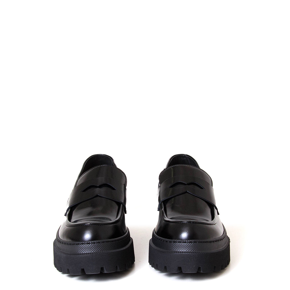 Pantanetti 18178B Litha. Women's black leather platform loafer. Made in Italy.