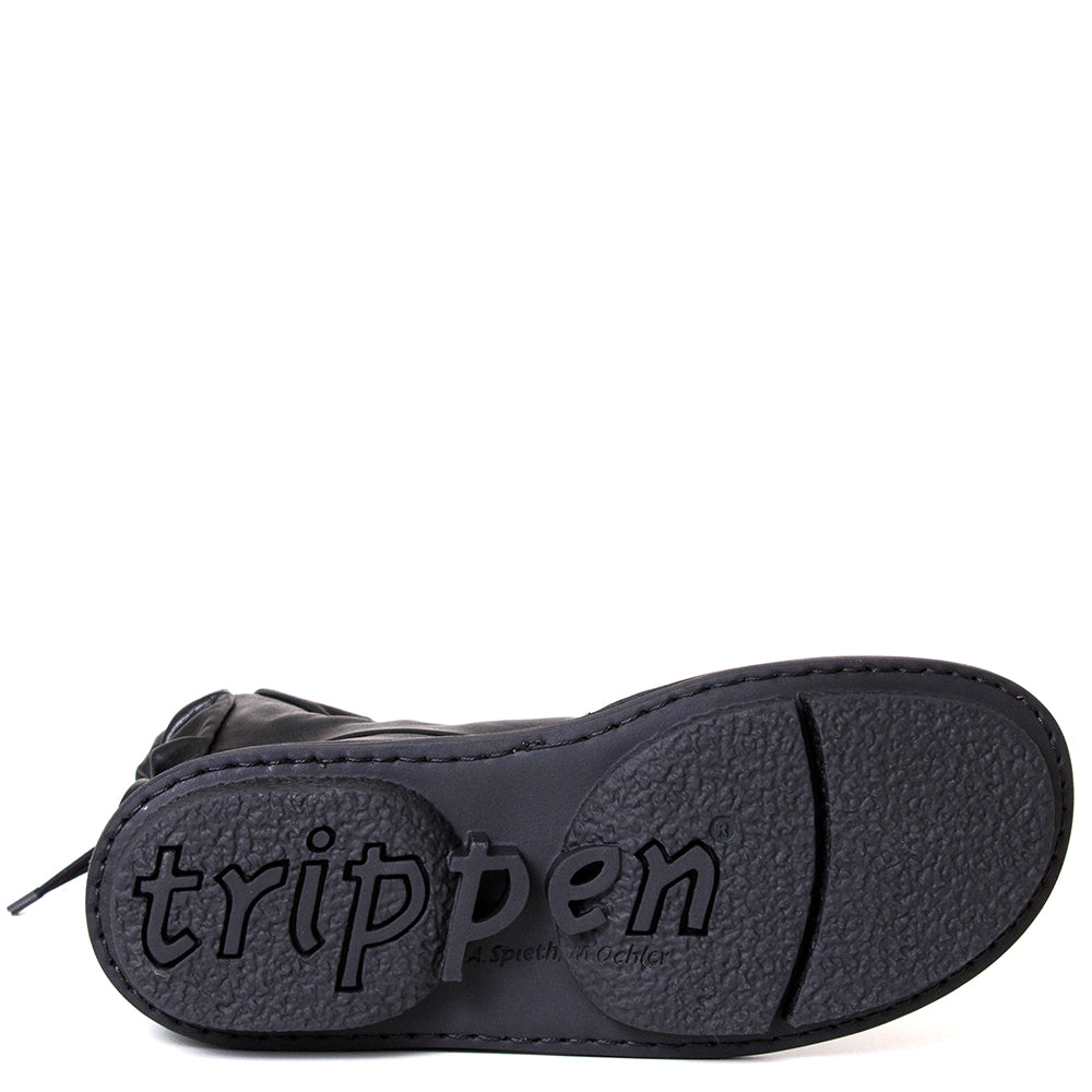Trippen Resistor. Women's flat sole black leather ankle boot.
