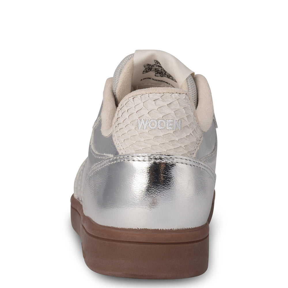 Woden Bjork. Sustainably made women's silver leather casual sneakers.