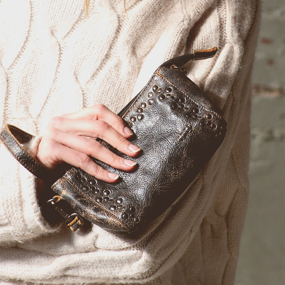 Bed Stu Encase. Small black leather clutch multiple pockets. bag.