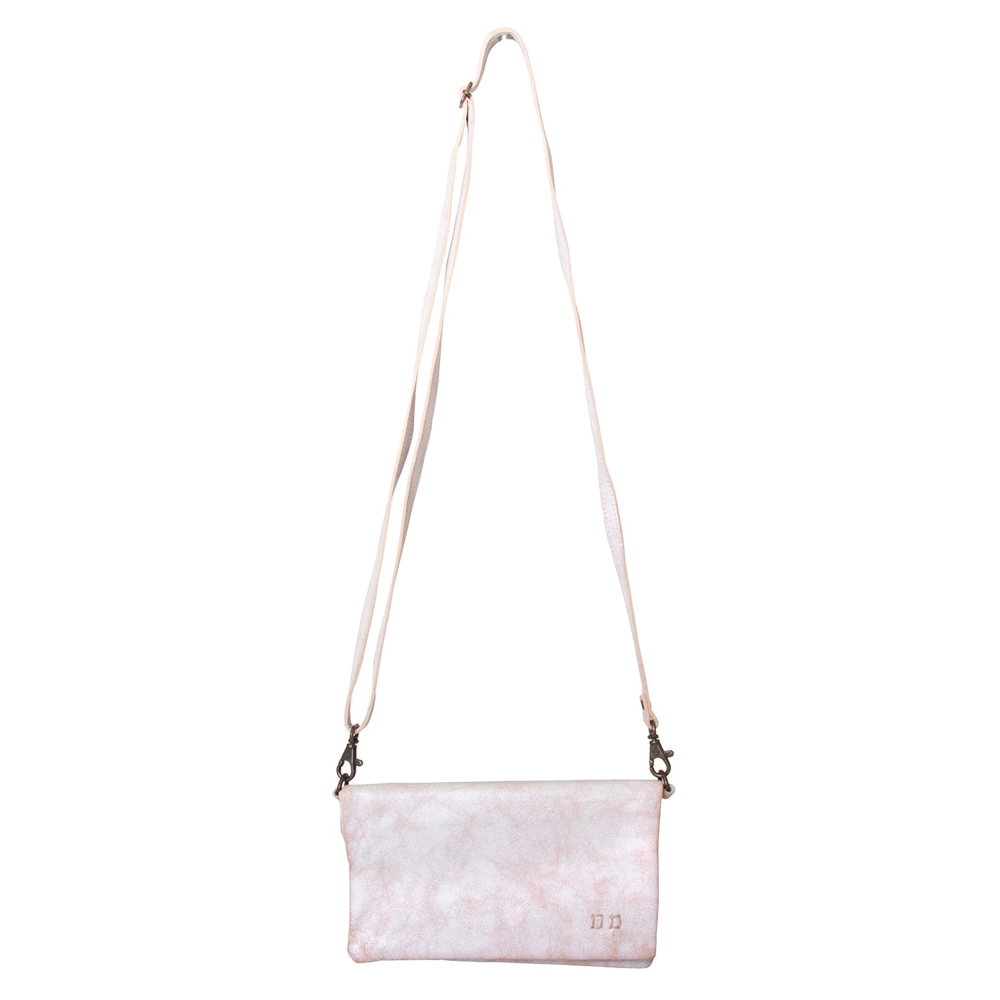 Bed Stu Cadence Wallet, Clutch and Crossbody Women's bag, purse in natural white leather. Side view with adjustable leather strap.