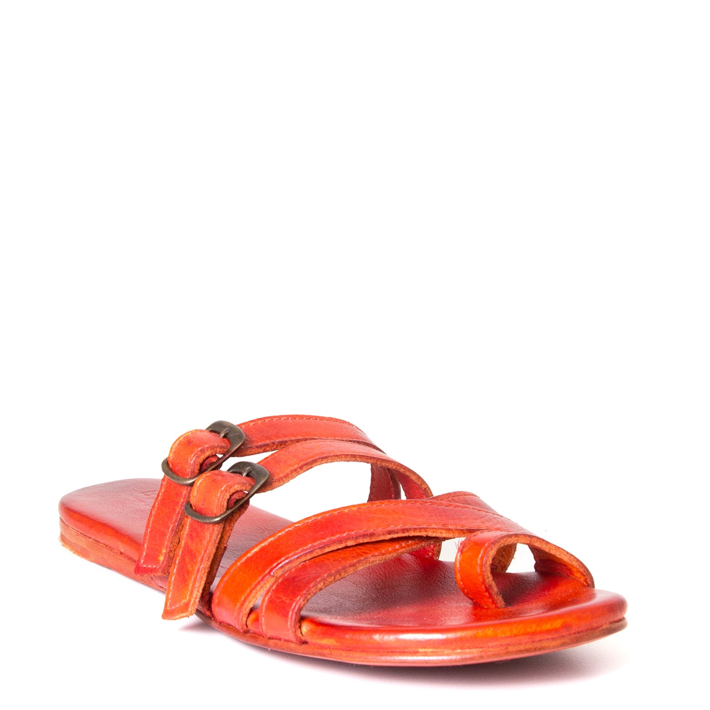 Bed Stu Hilda. Women's sandal, slide in orange red leather, toe ring and adjustable buckles. Front view.