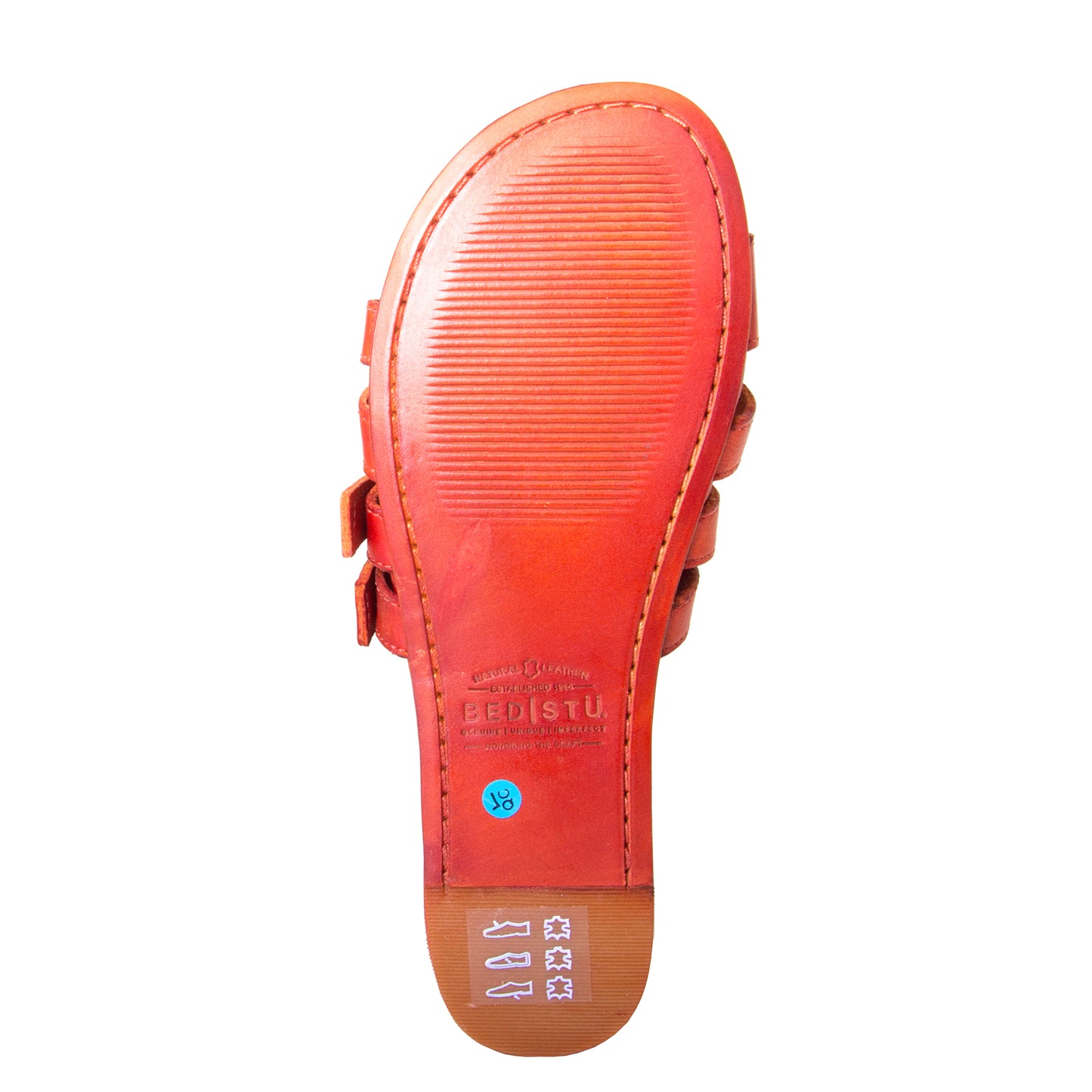 Bed Stu Hilda. Women's sandal, slide in orange red leather, toe ring and adjustable buckles. Bottom view.