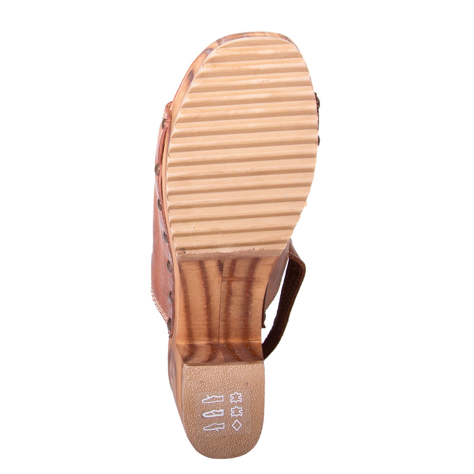 Bed Stu Marie. Women's wooden clog in tan leather, with slingback. Bottom view.