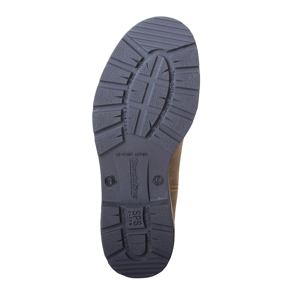 Blundstone Men's 585 Chelsea Boot in Rustic Brown. Built to last. Durable material, with comfortable shock absorption insole. Rubber sole. Bottom view.