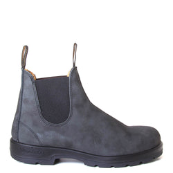 Blundstone 587. Men's 587 Chelsea boot in rustic black leather. Side view.