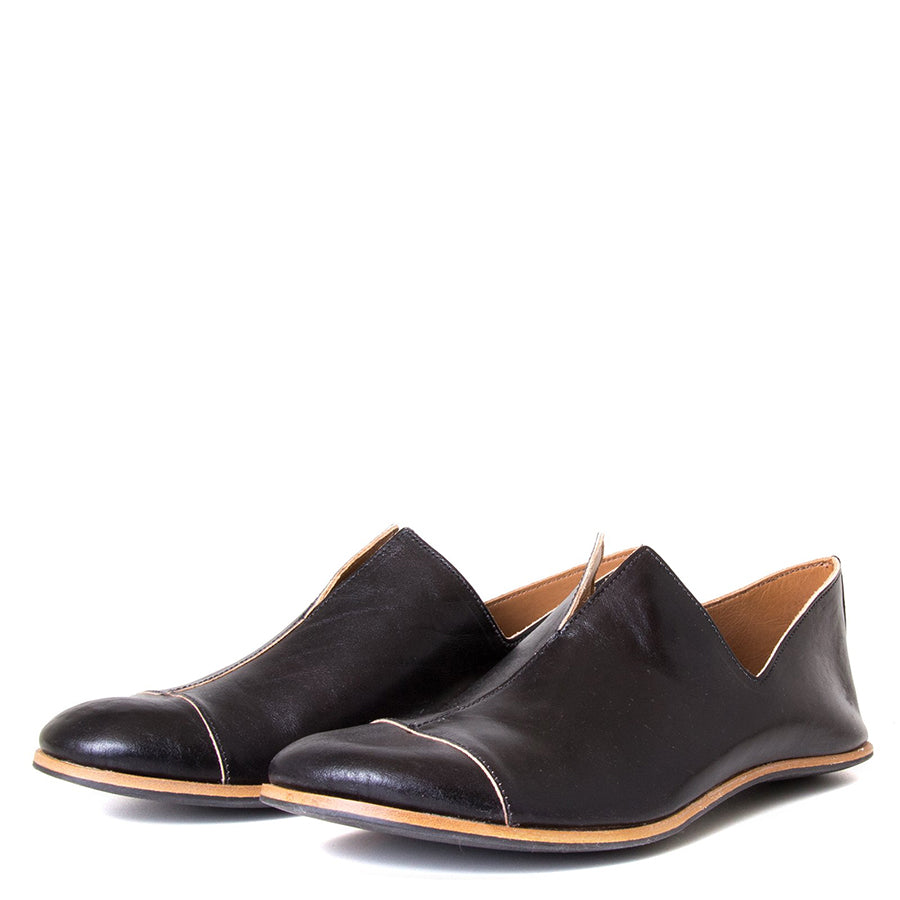 Cydwoq Medicine-M. Men's Black leather Slip-on Shoes, rubber sole. Made in California. Side view, pair.