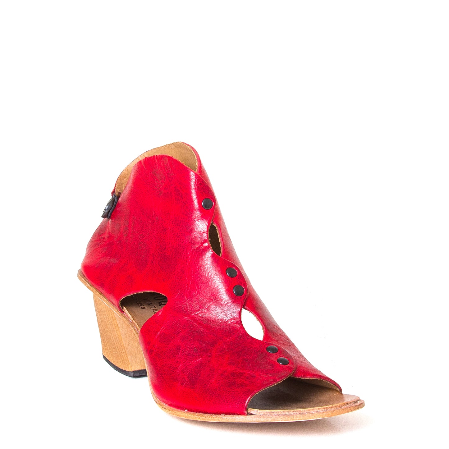 Cydwoq Research Women's sandal in Red washed leather, 2.5 inch wooden Heel, open toe, made in California. Front view.