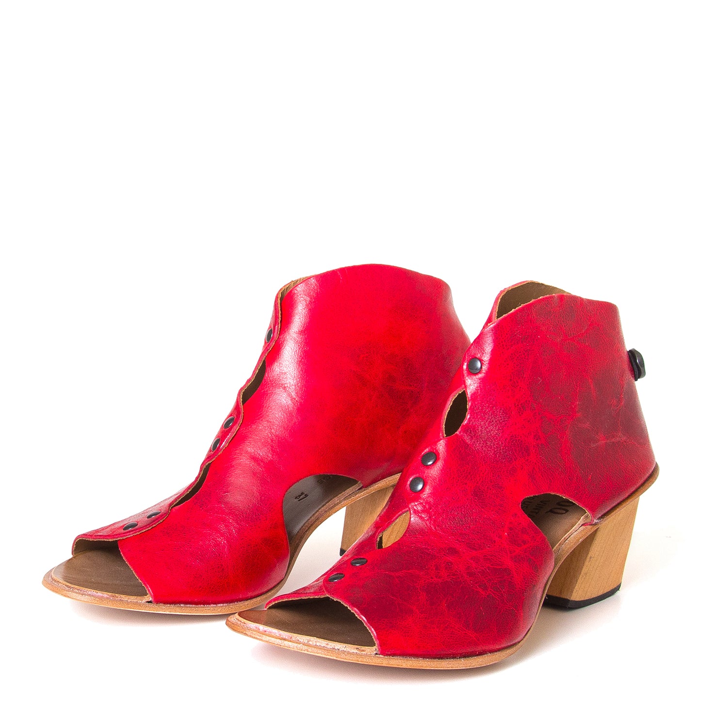 Cydwoq Research Women's sandal in Red washed leather, 2.5 inch wooden Heel, open toe, made in California. Front view, pair.