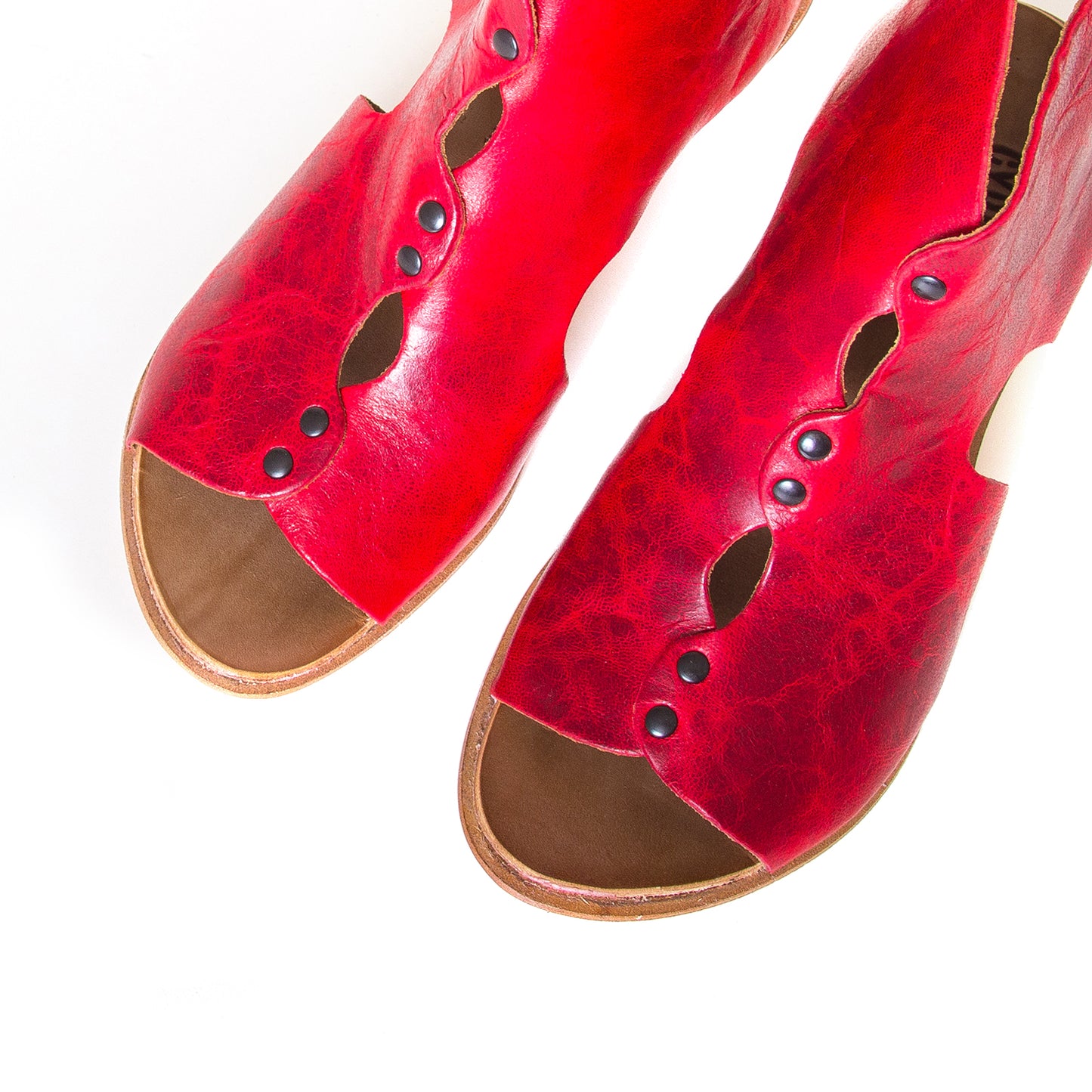 Cydwoq Research Women's sandal in Red washed leather, 2.5 inch wooden Heel, open toe, made in California. Top view, pair.