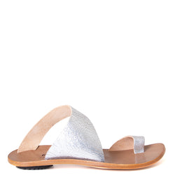 Cydwoq Thong , Hillary Sandal silver leather single strap and toe ring. Made in California. Side view.