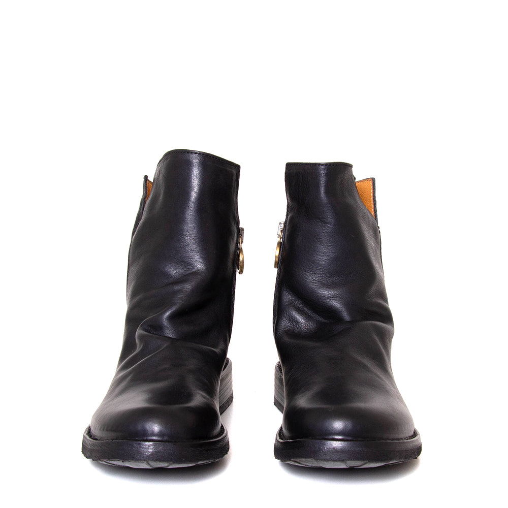 Fiorentini + Baker Elf. Women's side zip boot in black Italian leather. 1⅛-inch heel made in Italy. Front view.