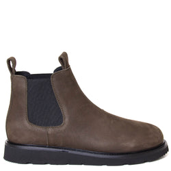 OA non-fashion A08. Women's Chelsea boot in olive green nubuck. Made in Italy. Side view.