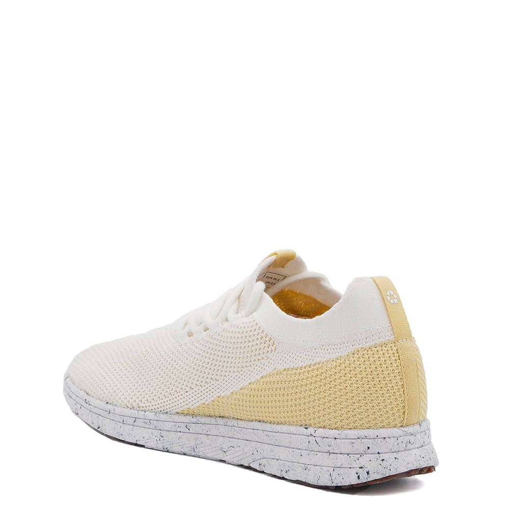Saola Tsavo. Women's lightweight vegan sneaker in white and yellow knit made from plastic. Back view.