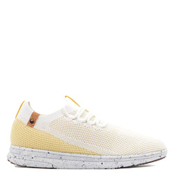 Saola Tsavo. Women's lightweight vegan sneaker in white and yellow knit made from plastic. Side view.