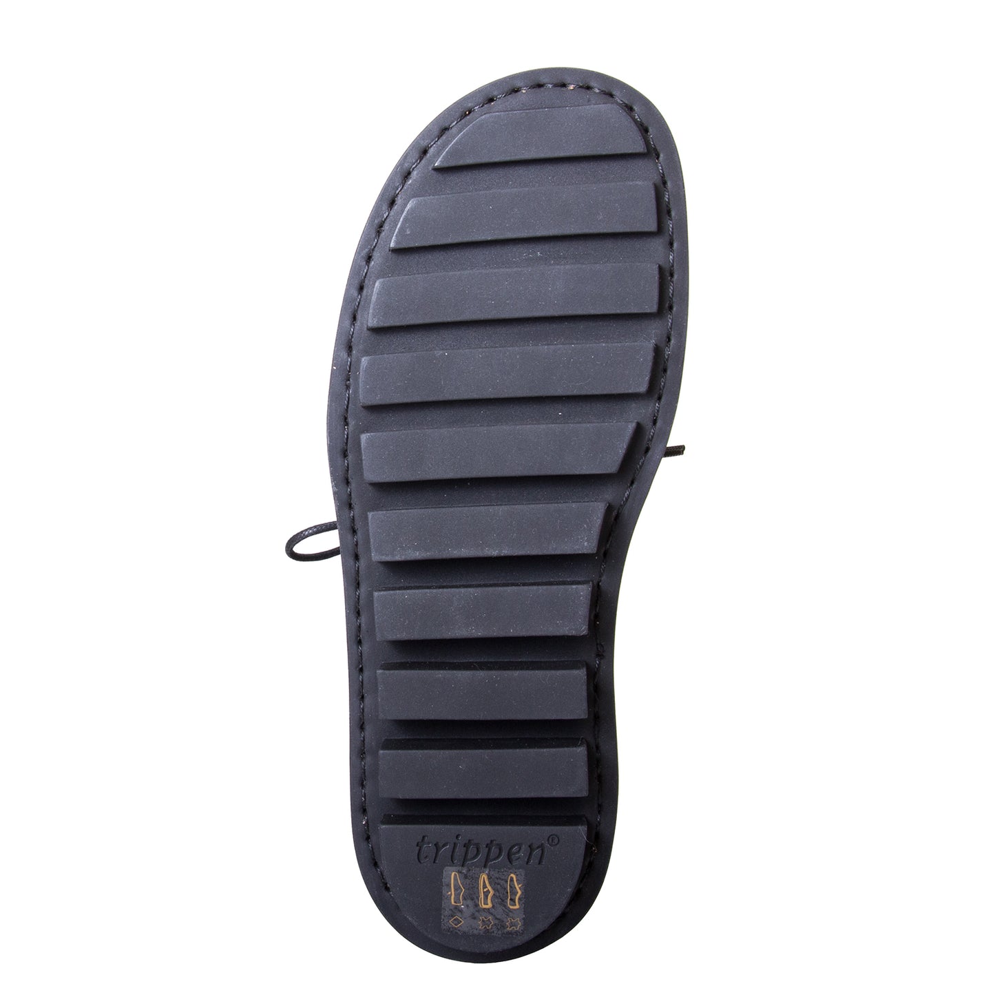 Trippen Again. Women's laced shoes in Black leather upper, flexible rubber sole, anatomical footbed for comfort. Made in Germany. Bottom view.