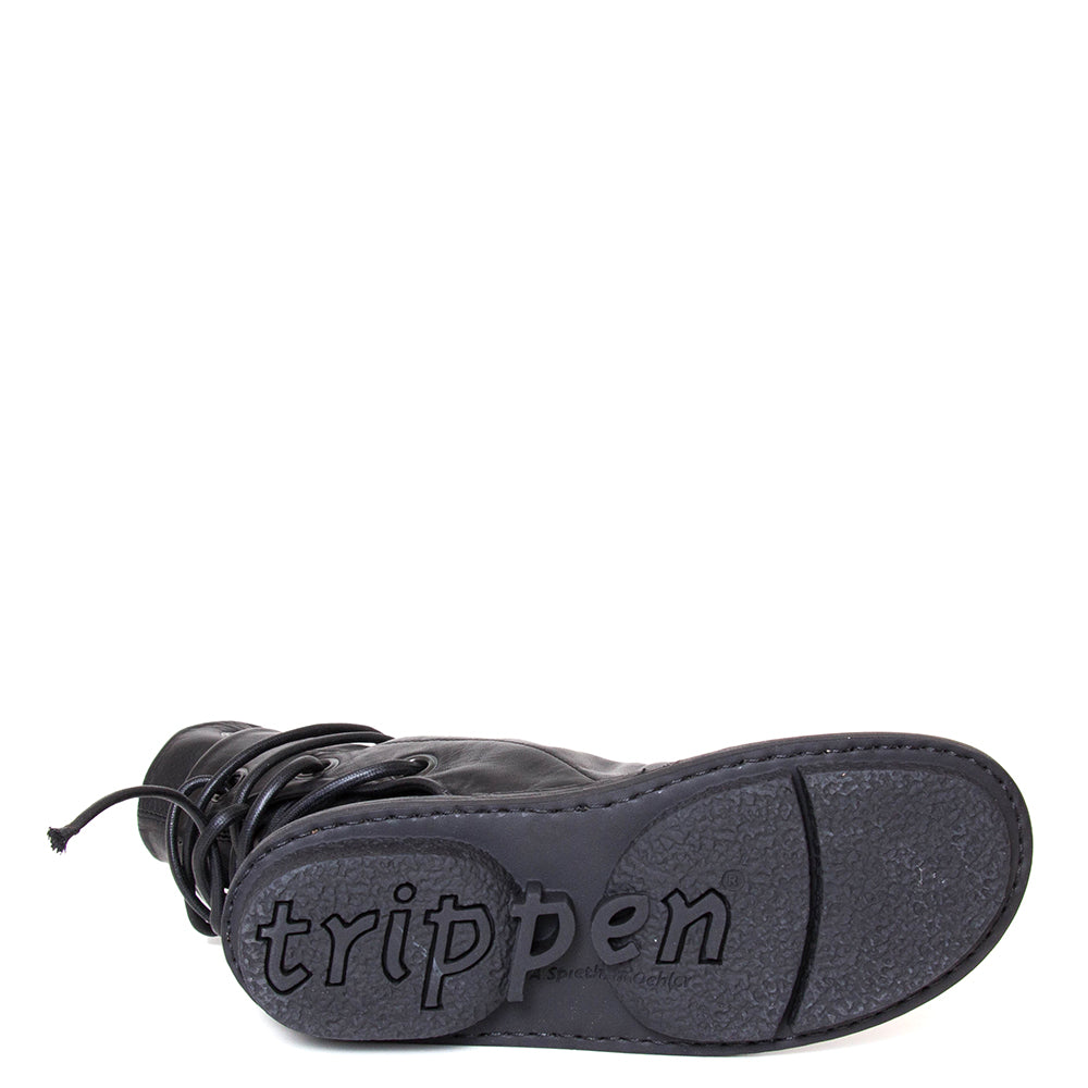 Trippen Awning. Women's leather slip-on, ankle boot in black leather, wrap-around laces. Made in Germany. Sole view.
