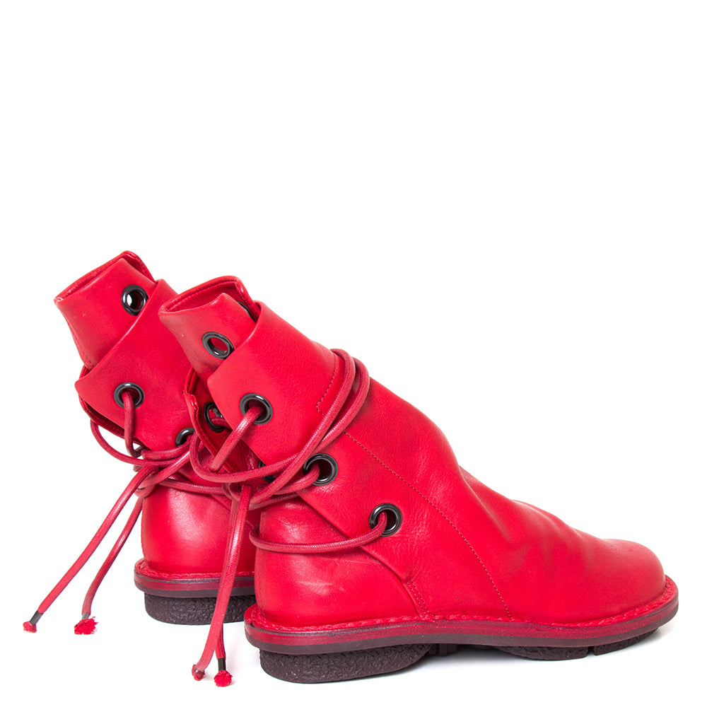 Trippen Awning. Women's leather slip-on, ankle boot in red leather, wrap-around laces. Made in Germany. Back view.