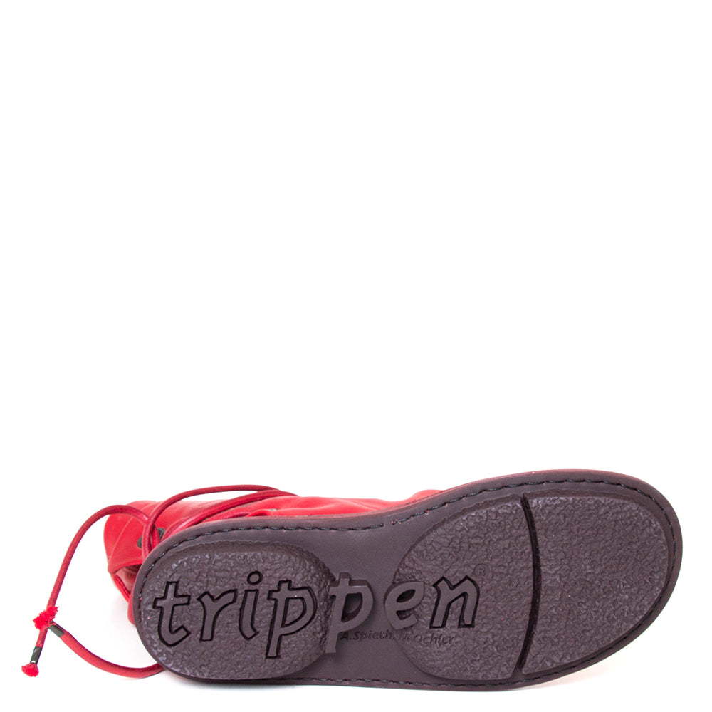 Trippen Awning. Women's leather slip-on, ankle boot in red leather, wrap-around laces. Made in Germany. Sole view.