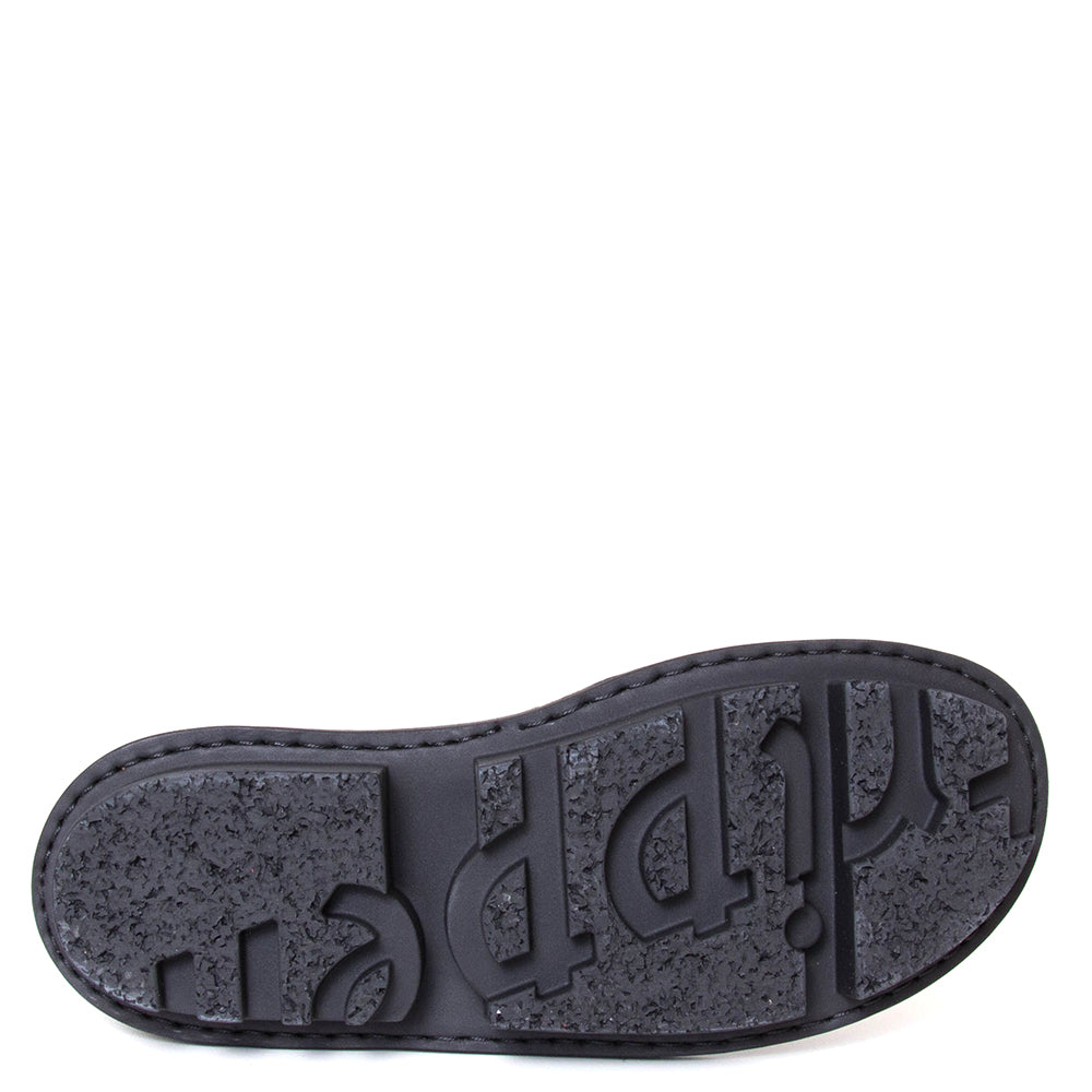 Trippen Kintsugi. Women's platform combat ankle boot in black leather. Made in Germany. Sole view.