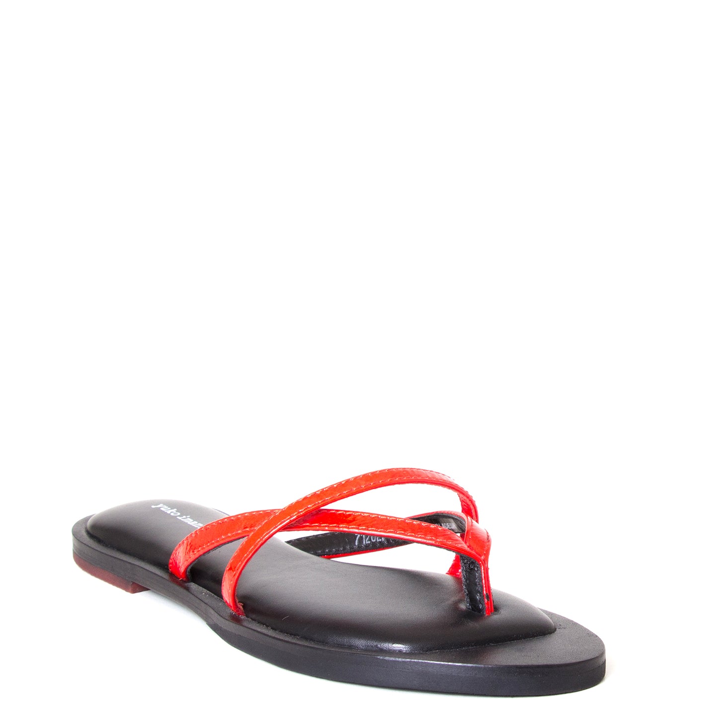 yuko imanishi + Alina. Women's sandals in Red patent leather, memory foam footbed for comfort. Flat heel. Front view.