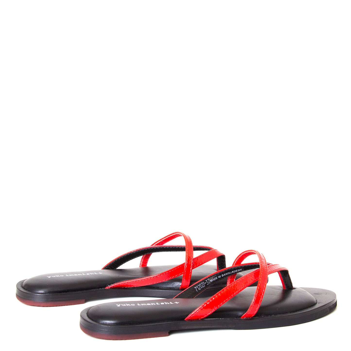 yuko imanishi + Alina. Women's sandals in Red patent leather, memory foam footbed for comfort. Flat heel. Back view, pair.