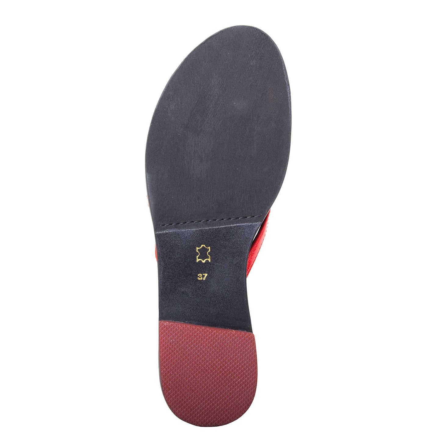 yuko imanishi + Alina. Women's sandals in Red patent leather, memory foam footbed for comfort. Flat heel. Bottom view.