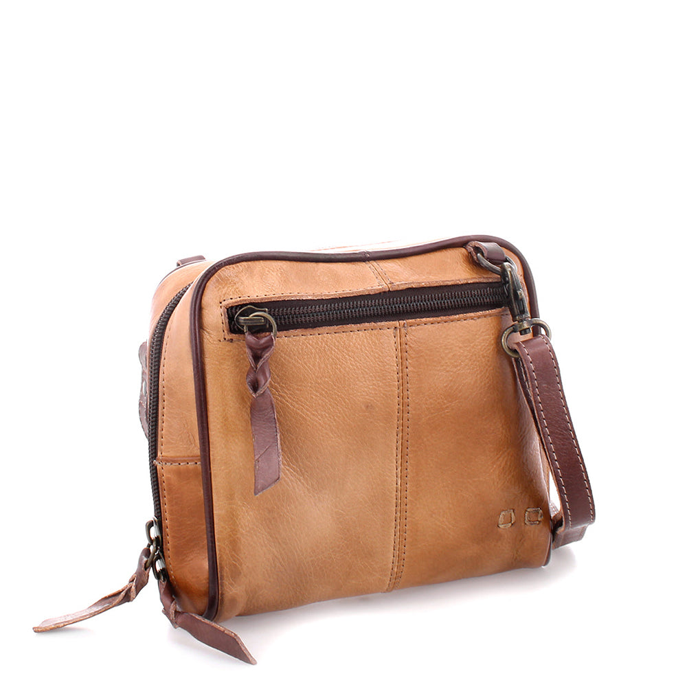 Bed Stu Capture. Women's crossbody bag in washed brown leather. Height: 6 inches // Width: 7 inches // Depth 2½ inches