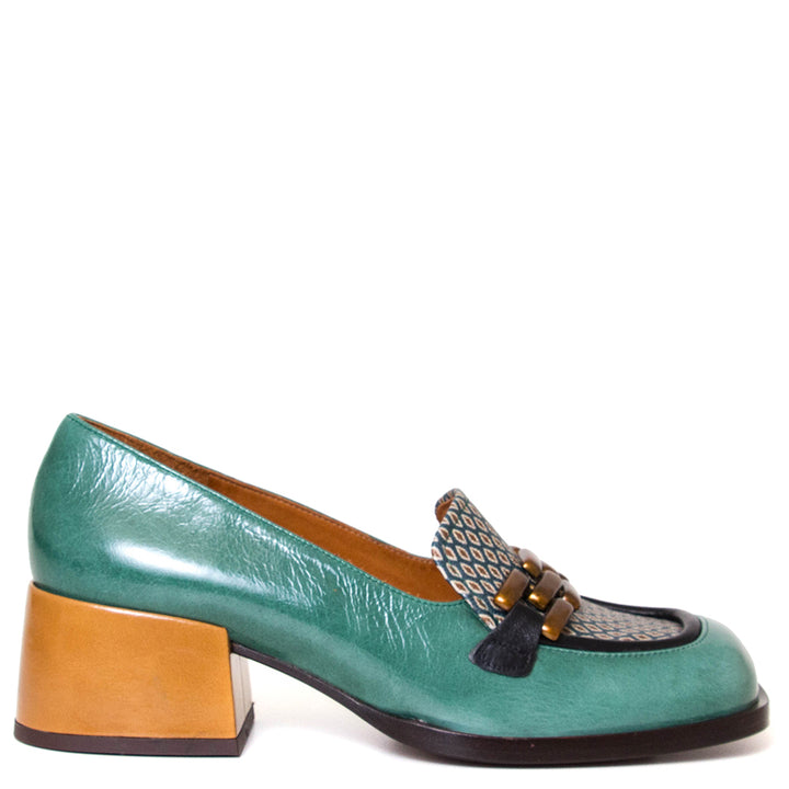 Chie Mihara Bydu. Women's leather loafer 2⅞ inch pump in turquoise. Side view.