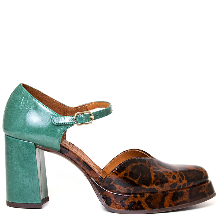 Chie Mihara Fasi. Women's turquoise and brown leather 3¼ inch pump. Side view.