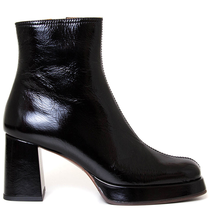 Chie Mihara Katrin. Women's black leather 3-inch heel ankle boot. Side view.
