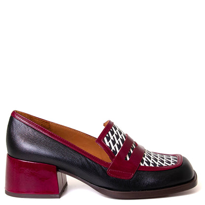 Chie Mihara Brochi. Women's 2-inch red and black leather loafer pump. Made in Spain.