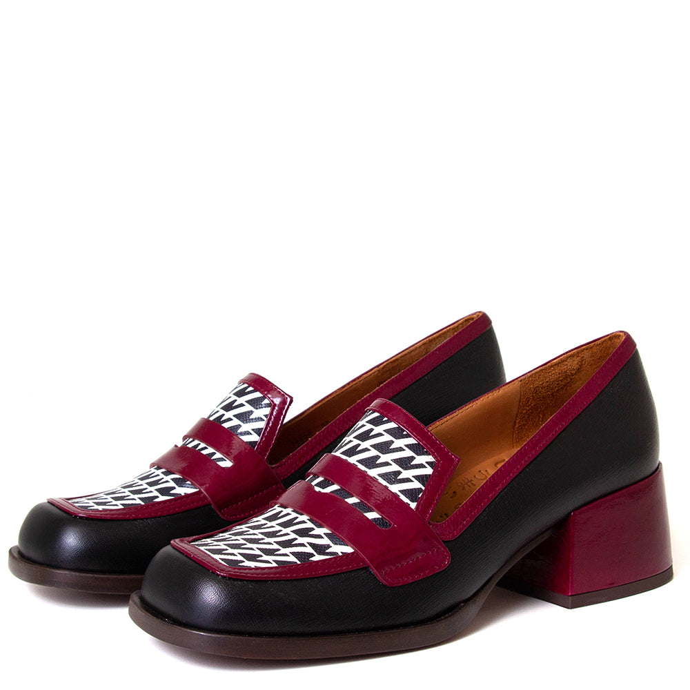 Chie Mihara Brochi. Women's 2-inch red and black leather loafer pump. Made in Spain.