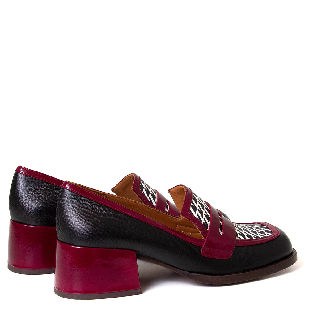 Chie Mihara Brochi. Women's 2-inch red and black leather loafer pump. Made in Spain.