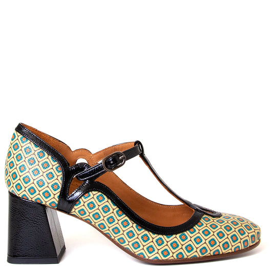 Chie Mihara Grady. Women's 2¾ inch heel green and yellow argyle leather pump. Made in Spain.