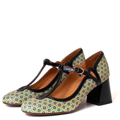 Chie Mihara Grady. Women's 2¾ inch heel green and yellow argyle leather pump. Made in Spain.