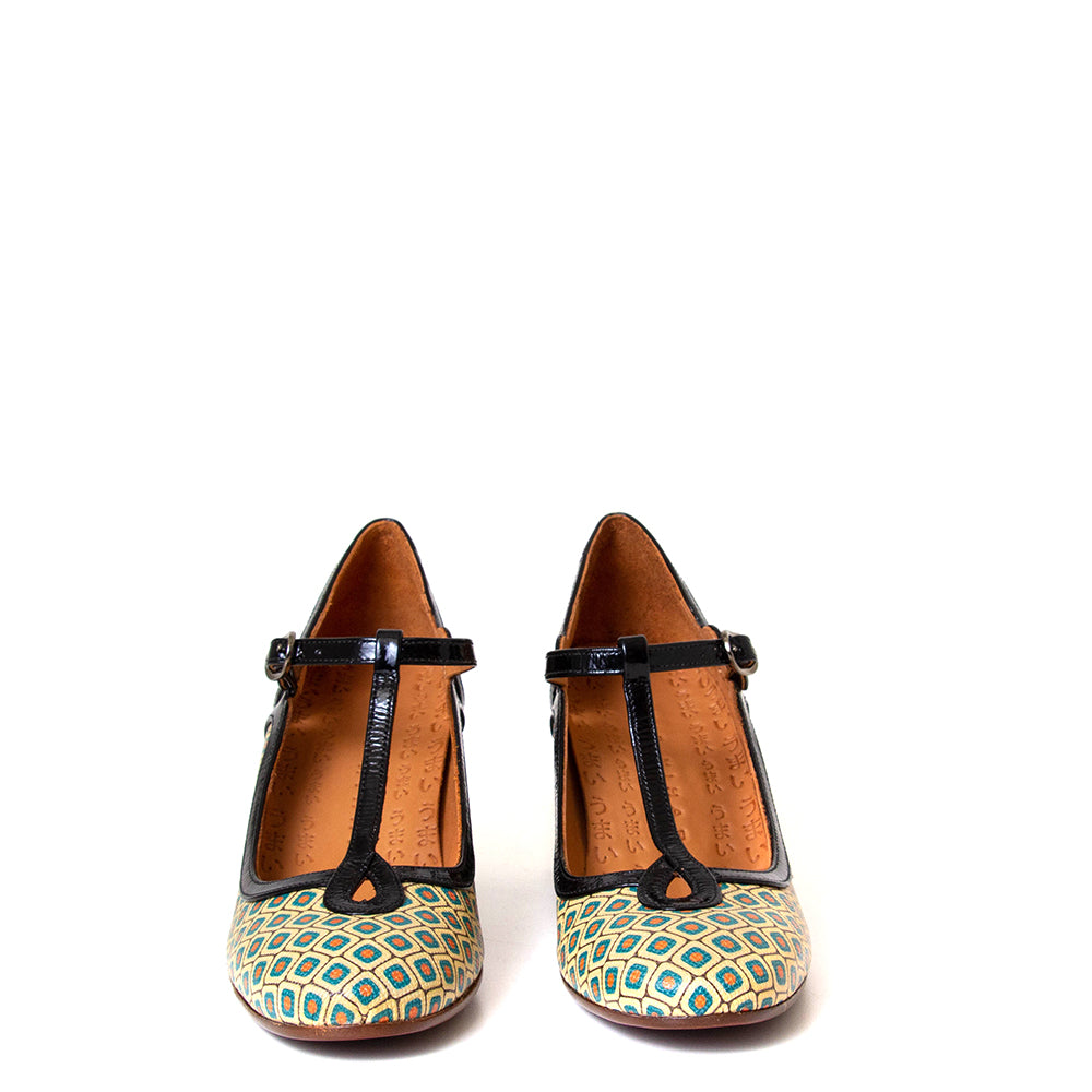 Chie Mihara Grady. Women's 2¾ inch heel green and yellow argyle leather pump. Made in Spain.