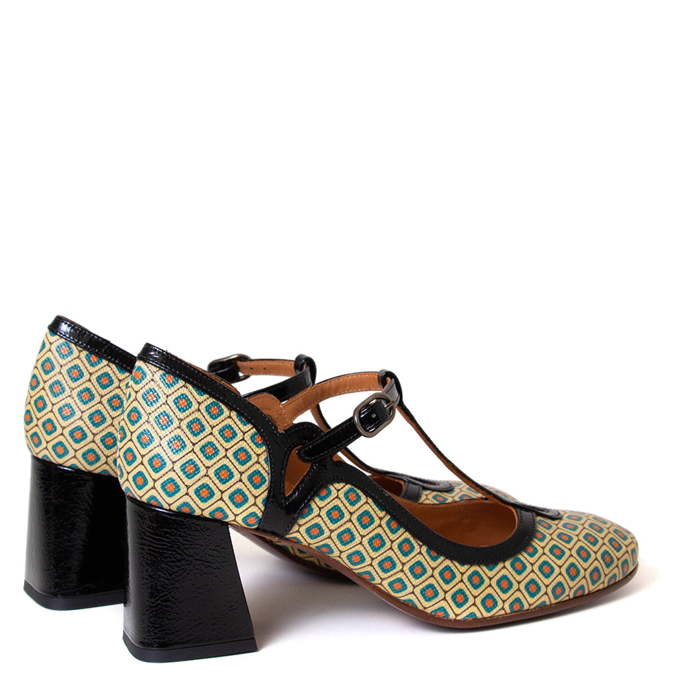 Chie Mihara Grady. Women's 2¾ inch heel green and yellow argyle leather pump. Made in Spain.