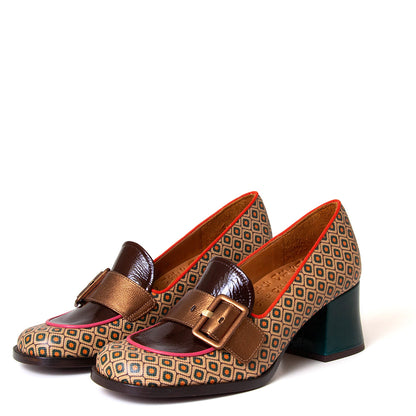 Chie Mihara Teisin. Women's brown and green 2¼ inch leather heel pump. Made in Spain.