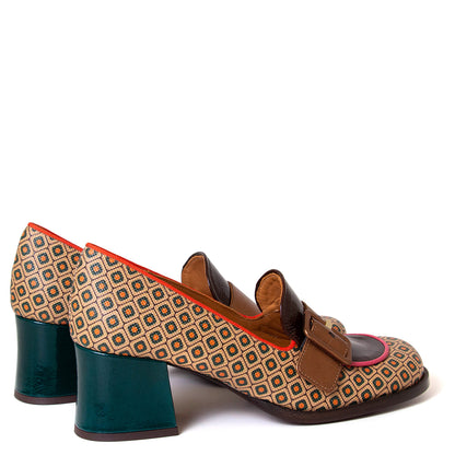 Chie Mihara Teisin. Women's brown and green 2¼ inch leather heel pump. Made in Spain.