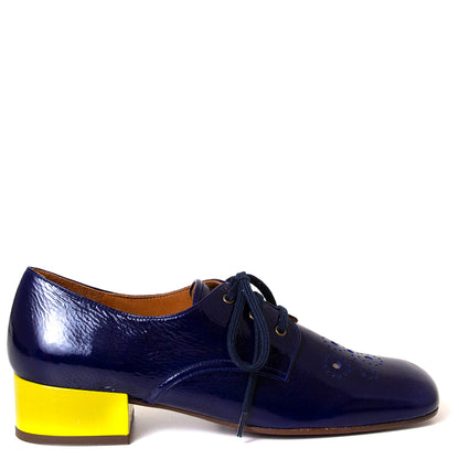 Chie Mihara Uban. Women's 1½ inch blue and yellow leather heeled shoe. Made in Spain.