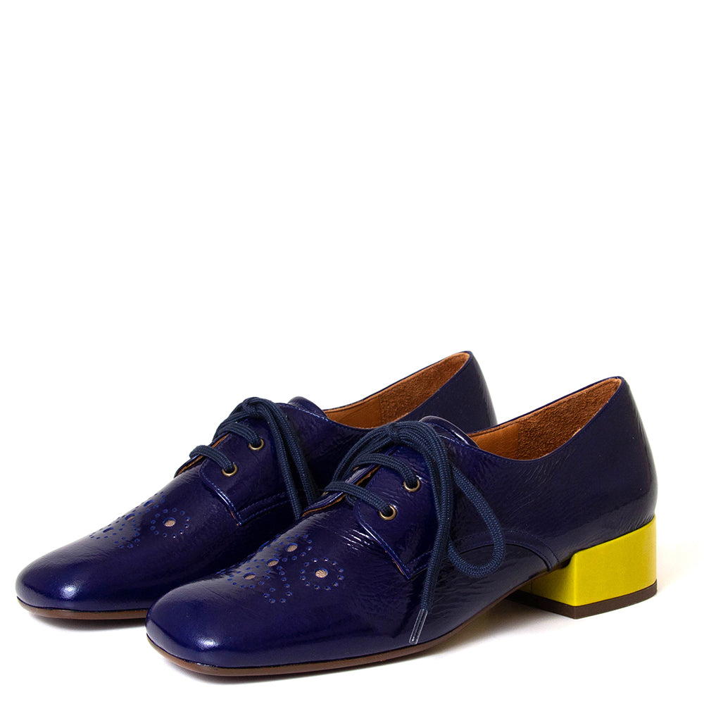 Chie Mihara Uban. Women's 1½ inch blue and yellow leather heeled shoe. Made in Spain.