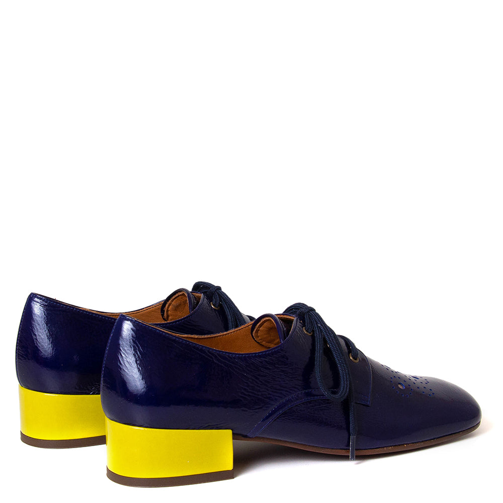 Chie Mihara Uban. Women's 1½ inch blue and yellow leather heeled shoe. Made in Spain.