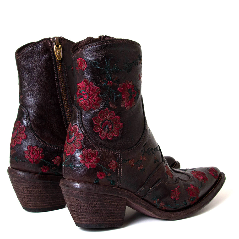 Fauzian Jeunesse 3843. Women's western style brown flowers leather boot.