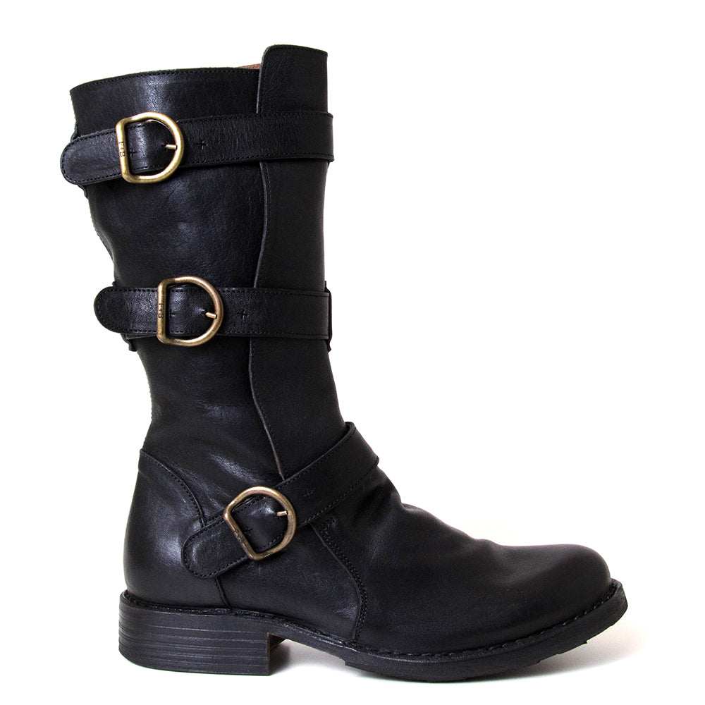Black leather boot with gold buckles on a white background
