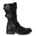 Black leather boot with gold buckles on a white background