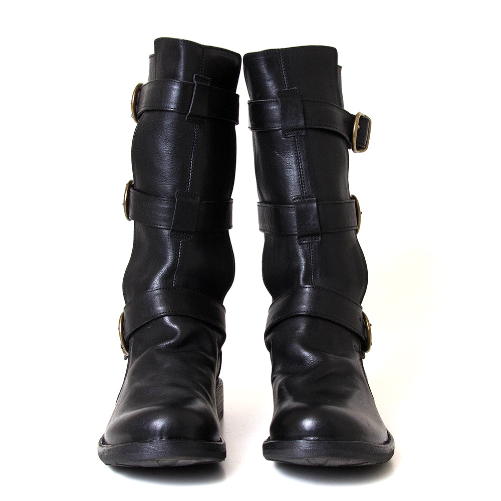 Pair of black leather boots with buckles on a white background